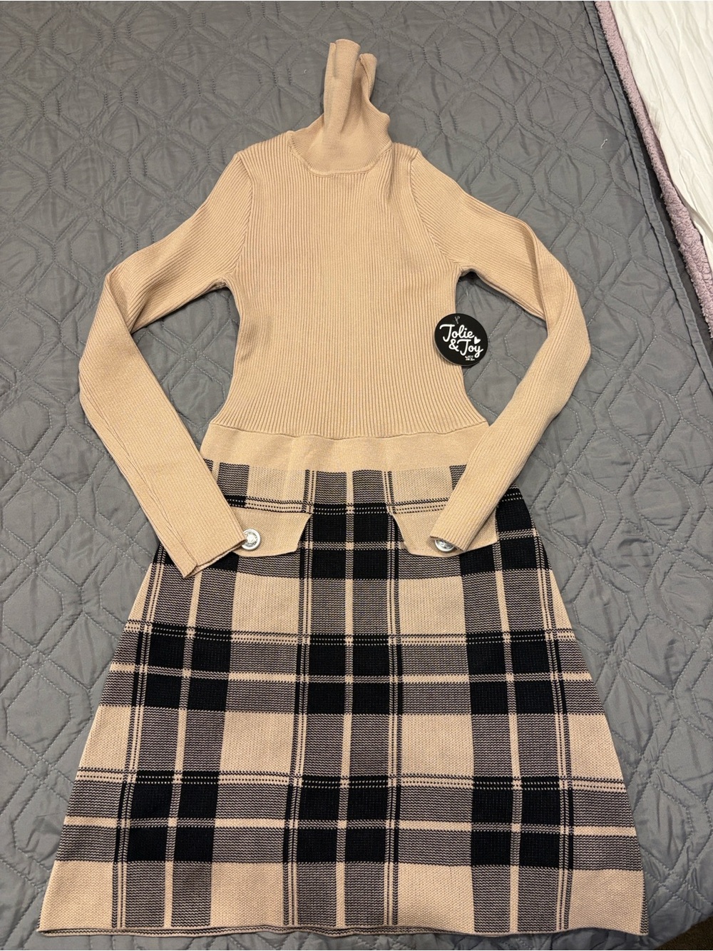 Jolie Beige and Black Plaid A-Line Skirt